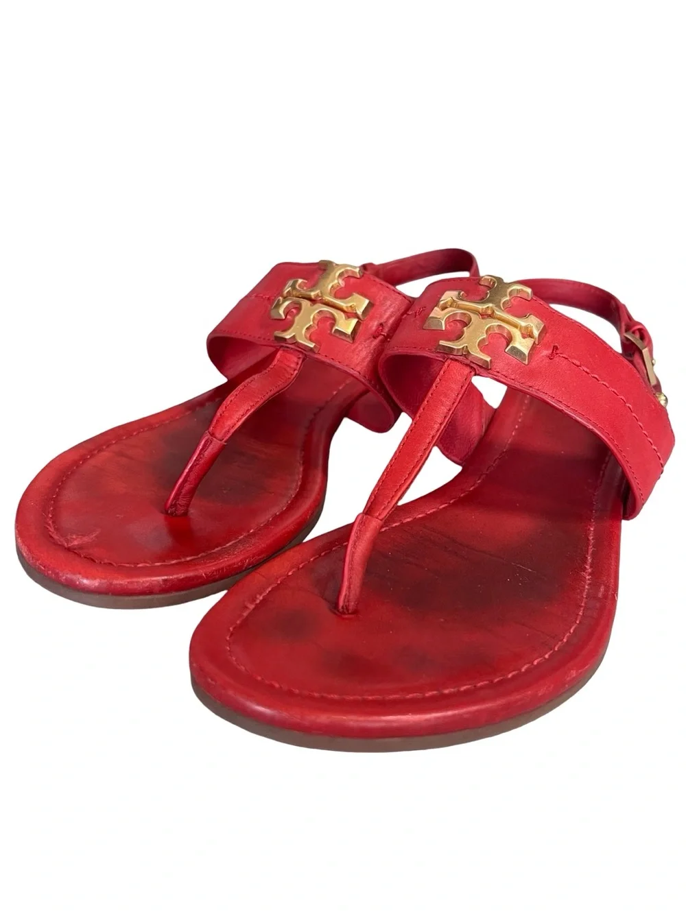 Tory Burch Women’s Sz 7.5 Red Leather Everly Sandals T-Strap Gold Logo